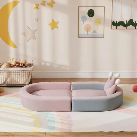 Sofá Infantil Convertible en Cama y Zona de Juego con Cojín de Corona 116x61x14 cm Rosa y Azul Grisáceo (1/5)