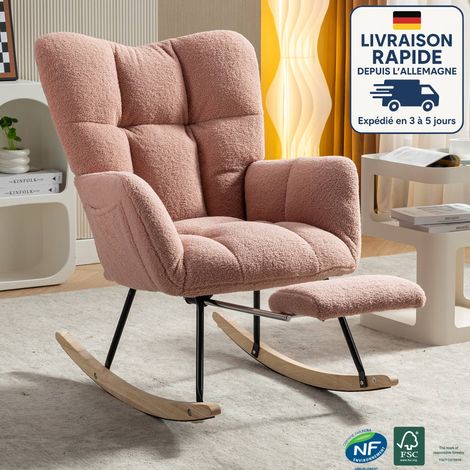 Fauteuil à bascule avec repose-pieds rétractable, idéal pour salon, chambre ou bureau, velours Teddy, rose (1/5)