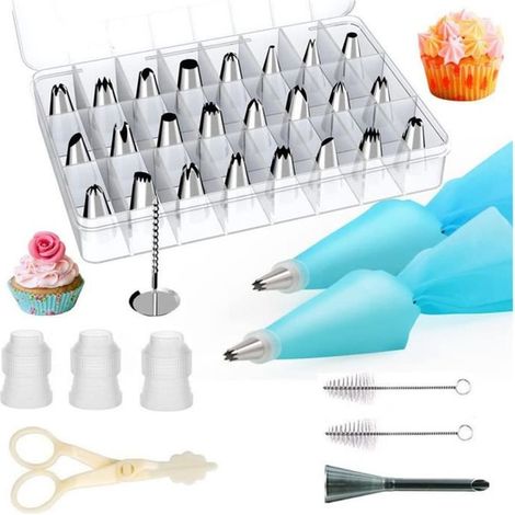 Juego de 34 piezas de manga pastelera de acero inoxidable para hacer muffins caseros, 24 boquillas + boquillas para rebozar y tijeras. (1/4)