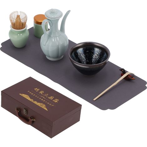 Matcha-Zeremonie-Set aus Keramik und Bambus: Schale, Schneebesen, Ständer, Teedose, Schöpfkelle, Untertasse, Ente, Kessel, Geschenkbox, Öltropfen-Stil (1/5)