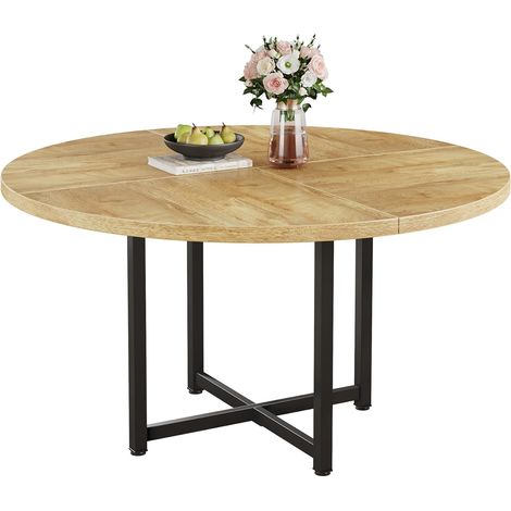 Tribesigns 120cm Round Oak Dining Table for 4 People, Rustic Kitchen Table with Metal Legs, Farmhouse Wooden Dinner Table for Dining Room, Kitchen, Living Room