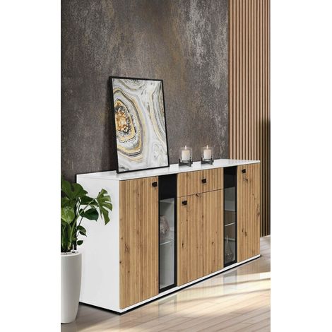 FURNIX buffet SARAI tiroir 3 portes LED buffet portes en verre 140 cm blanc artisanal (1/5)