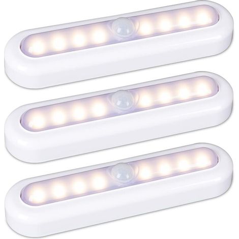 Set mit 3 18 cm großen, kabellosen LED-Leuchten mit Bewegungsmelder für den Innenbereich, zum Aufkleben, batteriebetrieben, warmweiß. Geeignet für Kleiderschrank, Treppenhaus, Abstellraum und Küche.