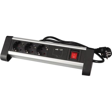 Perel Regleta de mesa moderna negra 3 enchufes 2 USB (1/2)