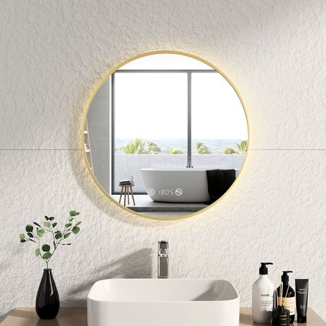 EMKE Espejo de baño LED con interruptor táctil, antivaho, reloj, temperatura, regulable, función de memoria, luz neutra, diámetro 60 cm, marco de cobre