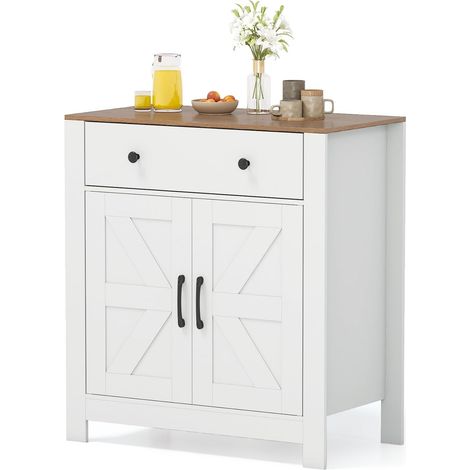 COSTWAY Sideboard, Armoire de cuisine avec plaque de travail, tiroir, 2 portes et étagère réglable, armoire buffet style rustique, rangement pour cuisine, salle à manger et salon, blanc (1/3)