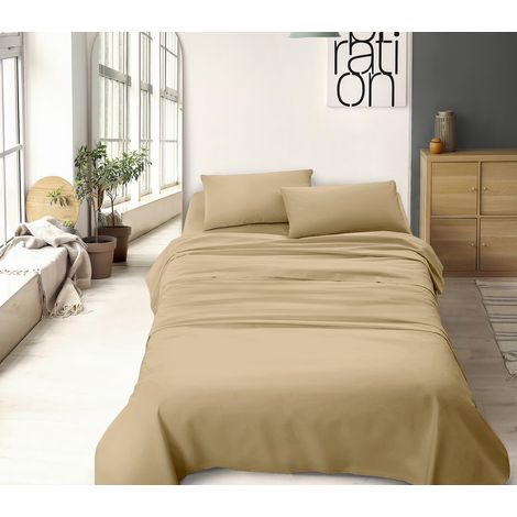 Set Lenzuola 100% Cotone Di Flanella Completo Letto Made In Italy Anti-Pilling Tinta Unita Lenzuolo Sopra Sotto Federe Beige - Matrimoniale