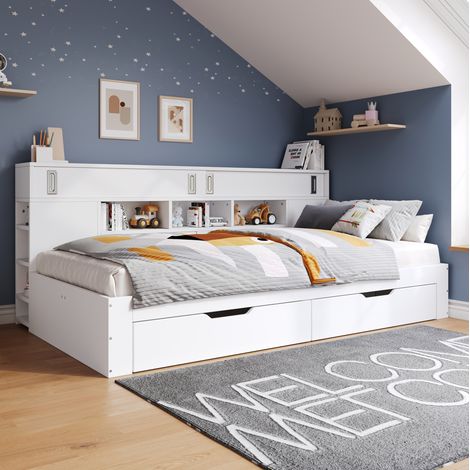 MEUBLIV Lit 140x190 cm blanc – avec rangements intégrés et sommier, sans matelas (1/5)