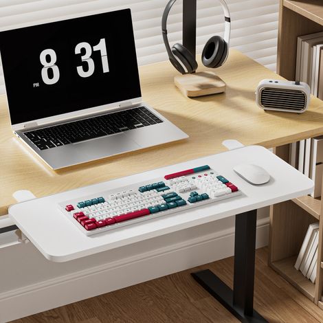 FIANAO – Tastaturablage – Doppelte C-Klemme – Rostfreie Metallplatte – 90° klappbar – Tischverlängerung für den privaten und professionellen Einsatz – 65 x 25 x 8 cm (1/3)