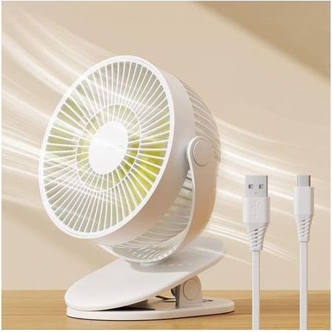 Mini ventilateur à pince, petit ventilateur USB avec batterie rechargeable 4000 mAh, 4 vitesses, max 14 heures, petit et silencieux pour lit, bureau, poussette - Blanc laiteux