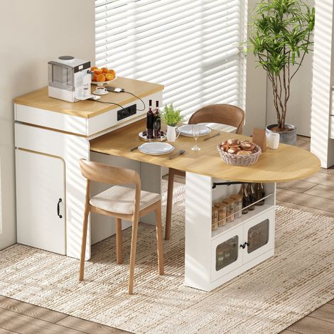 Îlot de cuisine sur roulettes avec table extensible 80x55x95.5 cm - desserte de cuisine avec multiprise led et tiroirs en mdf et verre pour salle à manger - blanc (1/5)