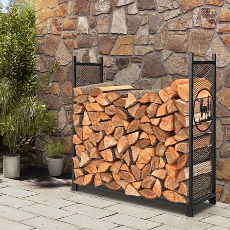 Support à Bois de Chauffage 121 CM Support à Bûches Robuste avec Côtés en Maille Motifs de Cerfs et d'Arbres pour Intérieur et Extérieur Noir (1/5)