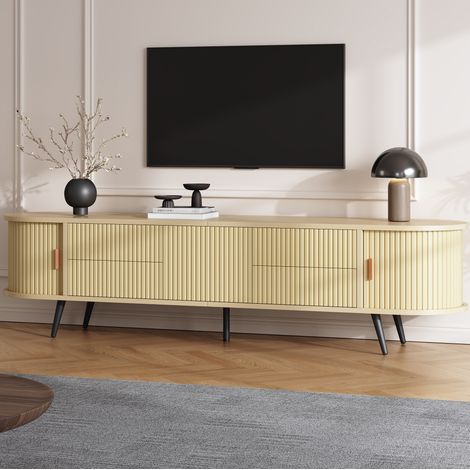 Mueble TV ovalado 180 x 40 x 45 cm, 4 cajones y 1 puerta tambor, MDF madera natural OKWISH (1/5)