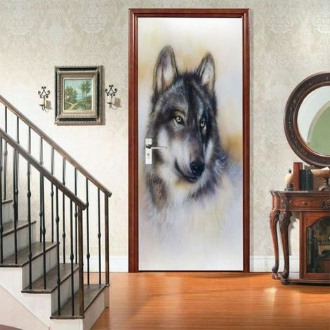 2 stickers porte effet 3D loup, PVC imperméable 77 x 200 cm, papier peint mural pour chambre, salle de bain et cuisine