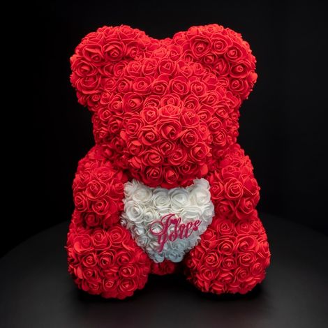 Code produit : U01 Ours en peluche composé de roses, 40 cm, boîte transparente, couleur rouge, décoré à la main, ours en fleurs (1/4)