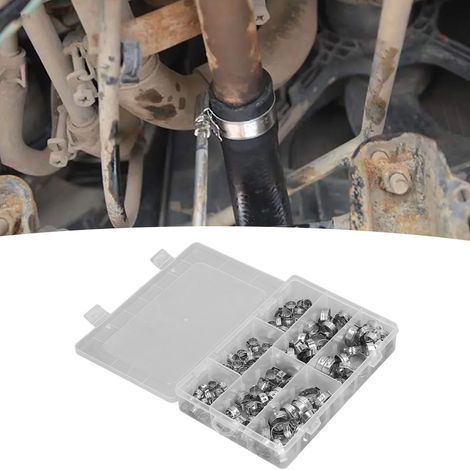 Coffret de 130 colliers de serrage à une oreille en acier inoxydable 304, comprenant des colliers de serrage pour tuyaux et des embouts. (1/5)