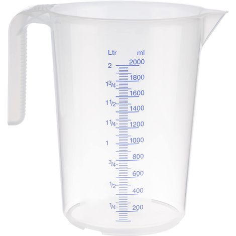 Verre doseur de 2 litres, diamètre 15 x hauteur 20,5 cm, tasse en plastique avec échelle de mesure en relief à l'extérieur, poignée ouverte, division L/ml, passe au lave-vaisselle (1/5)