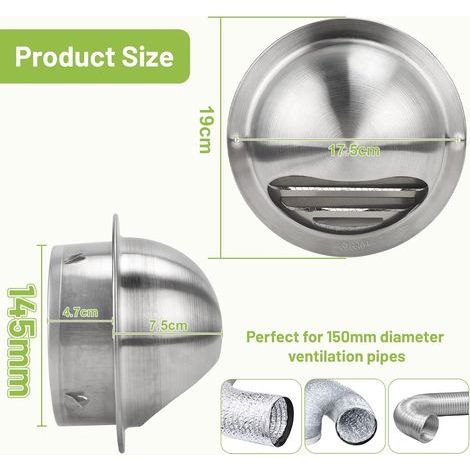 LALAGO Grille de ventilation ronde, 150 mm en acier inoxydable avec clapet anti-retour intégré, grille de protection météorologique avec moustiquaire intégrée (1/4)