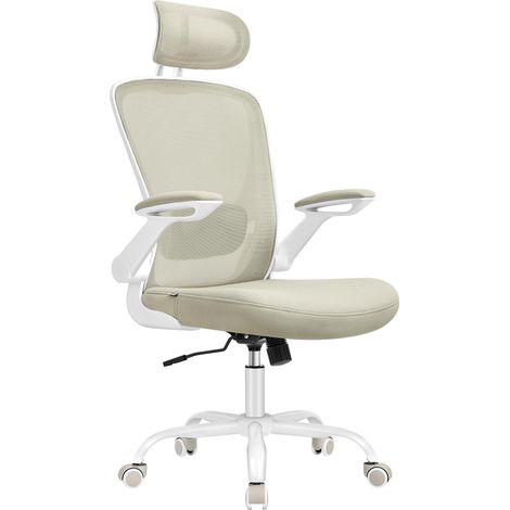 Chaise Bureau Ergonomique, Tissu en Maille, Support Lombaire, Appui-tête, Mécanisme à Bascule, Assise Large de 53 cm, Accoudoirs Rabattables, pour Bureau, Chambre, Beige Cappuccino OBN047K01 (1/5)