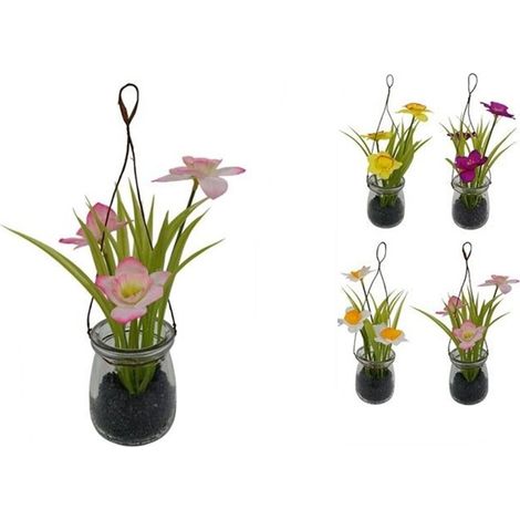TRADE SHOP - Set 2pz Piantina Fiori Finti Con Vaso Vetro 21cm Decorazione Da Appendere 4 Colori 689226 - (1/3)