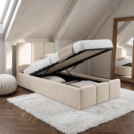 Cama individual con cajón NUAGE, con cabecero acolchado y somier de 90 x 190 cm en terciopelo beige (1/5)