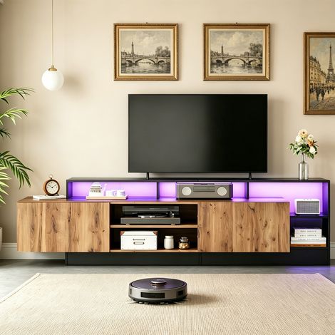 Meuble TV noir et bois - avec LED - Meuble de salon moderne avec rangement - pour TV jusqu'à 70 pouces (1/5)