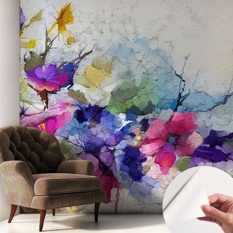 Papier peint adhésif décoratif pour salon chambre et cuisine Facile à poser avec colle Fleurs abstraites 250x250 cm (1/5)