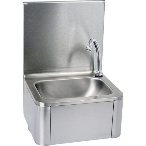 SARO KEVIN - Lavandino, con distributore di sapone e sifone, comando a ginocchio, paraspruzzi, in acciaio inox, da 400 x 340 x 595 mm (l x P x H) (1/4)