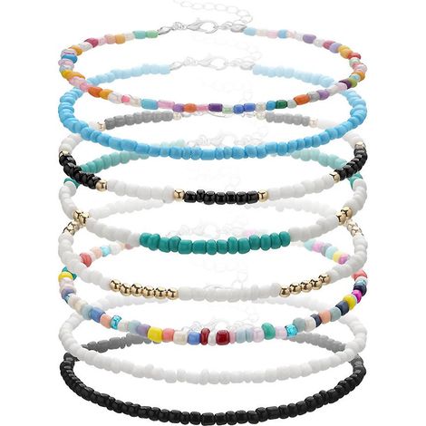 Ensemble de 8 bracelets de cheville bohèmes faits main en perles de verre avec chaînes ajustables (1/5)