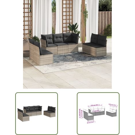 vidaXL 7-tlg. Garten-Sofagarnitur mit Kissen Hellgrau Poly Rattan