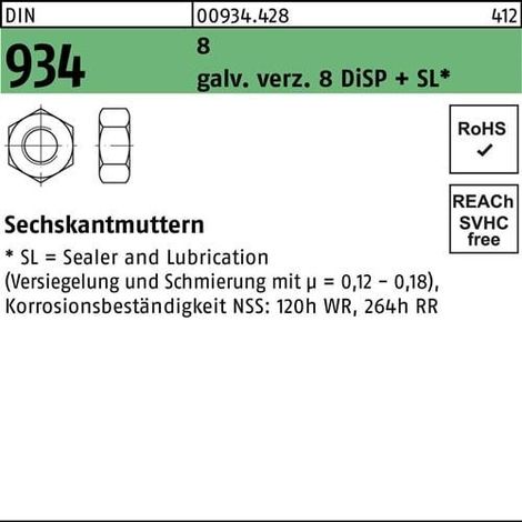 Écrou hexagonal DIN 934 M14 gal Zn 8 DiSP + SL 100 pièces
