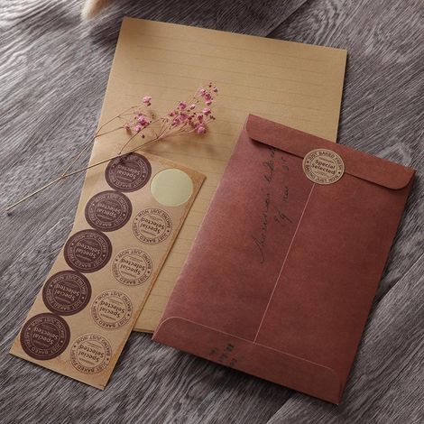 Lot de 50 enveloppes rétro + 100 feuilles A5 papier à lettres + 1 autocollant, style créatif haut de gamme, esprit littéraire, enveloppes uniques en cuir véritable, papeterie raffinée (fleurs séchées  (1/5)