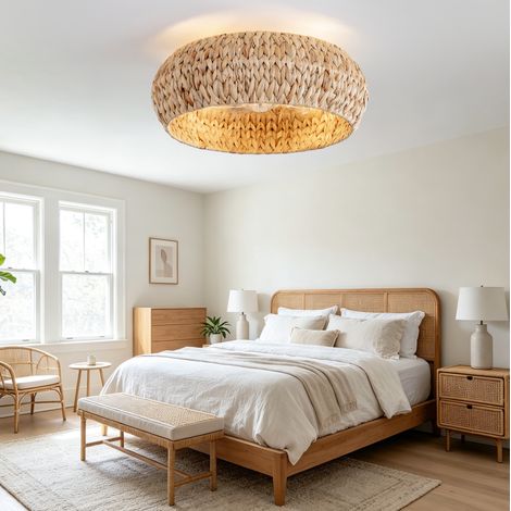Lámpara ventilador de techo (53x53x22 cm), estilo ratán, control por app y mando, 6 velocidades, plástico y ratán cobre