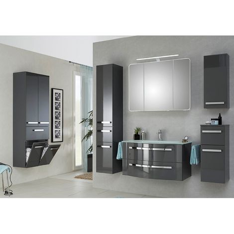 Badezimmer Komplettset mit großem Wandschrank FES-4005-66 in Hochglanz Lack Quarzgrau - B/H/T: 257/200/49,1cm (1/5)