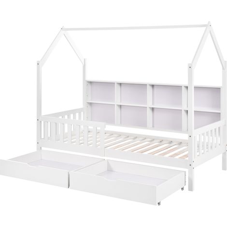 Letto casetta per bambini 90x200 cm con mensola, sponda e 2 grandi cassetti, bianco (1/5)