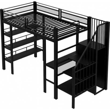 Lit mezzanine 90x200 en métal avec LED, prise, étagères et bureau noir MODENUIT (1/5)