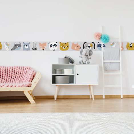 Frise adhésive autocollante pour chambre d'enfant, 10 cm X 300 cm, déco rigolote avec têtes d'animaux. (1/4)