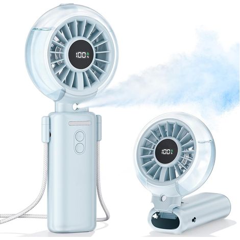 Mini Ventilateur Brumisateur Portable - 100 Vitesses Petit Fan Rechargeable  6000mAh 3-en-1 Ventilateur Poche de Main, Bureau ou Cou avec Ecran LED, Puissant Fans pour Extérieur, Voyage, Bureau (Bleu) (1/5)