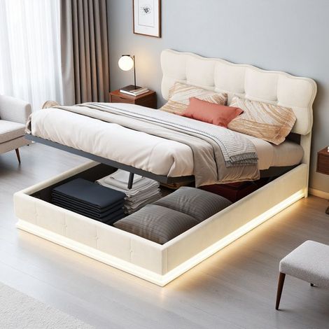 Bett 140x190 cm, RGB LED, hydraulisch, modern, Doppelbettgestell 140x190 cm, Samt, beige
