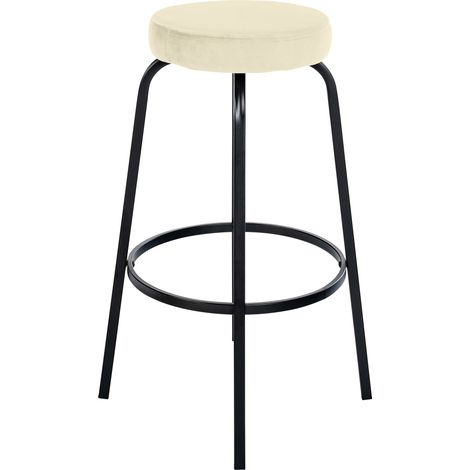 Sgabello da bar con poggiapiedi in velluto crema base in metallo nero opaco con quattro gambe 100005809