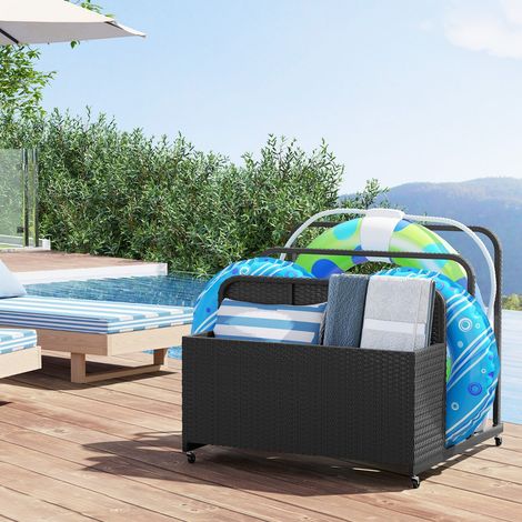 Organisateur de Rangement au Bord de la Piscine en Rotin PE Chariot Roulant d'Extérieur avec Roues 2 Barres et 1 Panier Noir (1/2)