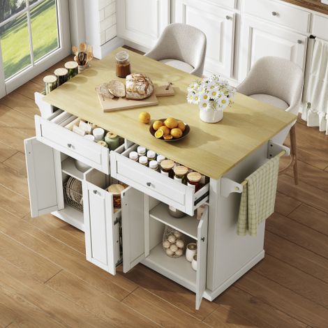 Isola cucina mobile con piano di lavoro pieghevole, carrello da cucina, mobile contenitore, con cassetti verticali a due livelli, 2 ampi cassetti e ruote bloccabili, 121 × 49 (69) × 89 cm (1/5)