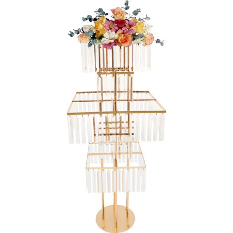Support à fleurs carré en métal doré avec pendentifs cristal à 5 niveaux, présentoir floral de mariage sur pied, centre de table décoration pour réception, fête, anniversaire et évènement - 125cm haut (1/5)