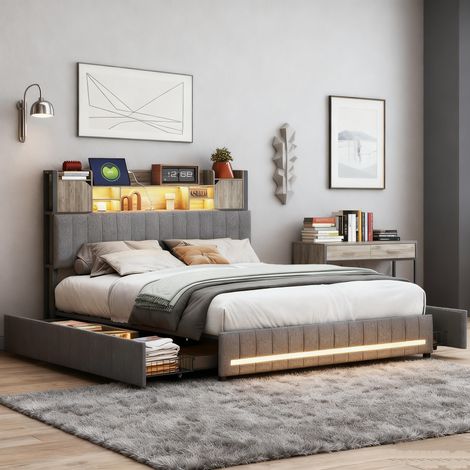 Letto matrimoniale 140 x 190 cm, letto per adulti 140 x 190 cm con cassetti, con porta USB e illuminazione a LED, testiera con contenitore, cassetto contenitore, biancheria grigia (1/5)
