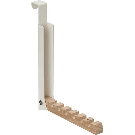 Perchero plegable, para puertas de hasta 2 cm de grosor, de pared, 6 perchas, metal y madera, color crema. (1/5)