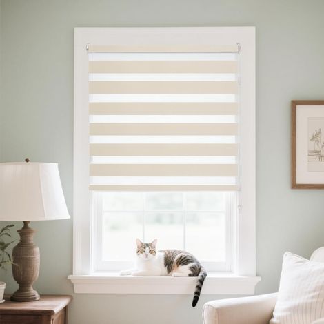 Enrouleur Jour Nuit sans Perçage, Facile à Installer avec Clips, Tissu Double Occultant pour Fenêtre ou Porte, Protection Solaire, Protection Vie Privée, Beige Clair, 75l x 130L cm (1/5)