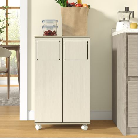 Müllschrank 46,7 cm in Hellholz-Optik und Weiß mit 2 Fächern und Rollen (1/5)