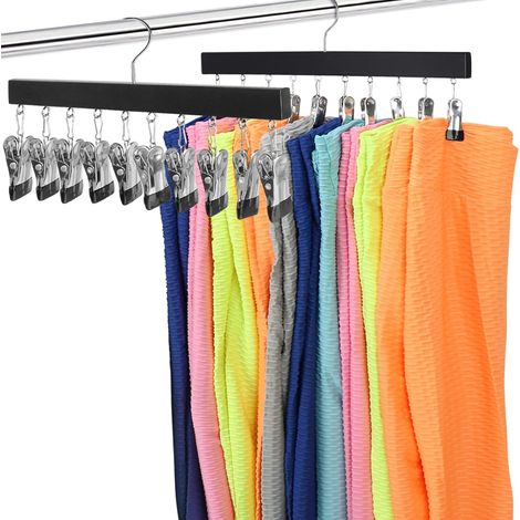 Cintre Bois avec Pinces - Rotation 360° - Pour Leggings Pantalons Jeans - Revêtement Caoutchouc Antidérapant - 2 Pièces Noir (1/5)