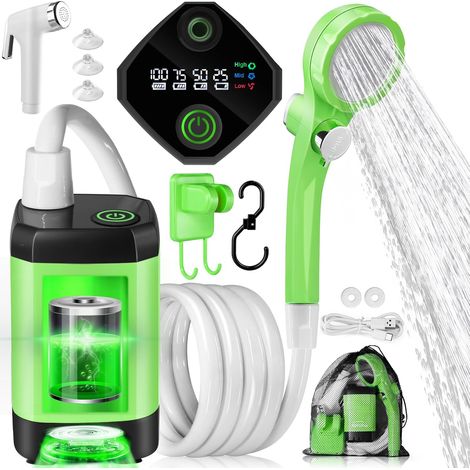 Douche Camping Portable, Douche Extérieure Améliorée avec Batterie Rechargeable 4500mAh & Pompe IPX7 Imperméable pour Plage, Randonnée, Lavage de Voiture