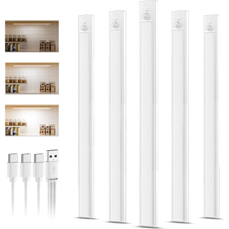 5 Pièce Lampe LED Rechargeable,40CM Blanc Froid Reglette led Cuisine, Lumiere Detecteur de Mouvement Interieur Sous Meuble Placard Eclairage, Intensité Variable, Installation Magnétique (1/5)